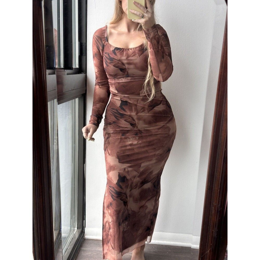 Brown Marble-Print Long Sleeve Women's Bodycon Dress